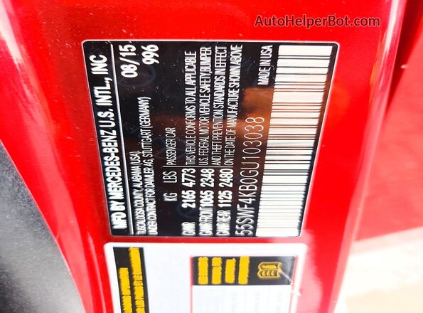 55SWF4KB0GU103038 2016 MERCEDES-BENZ C Red VIN կոդի պիտակի տեսք