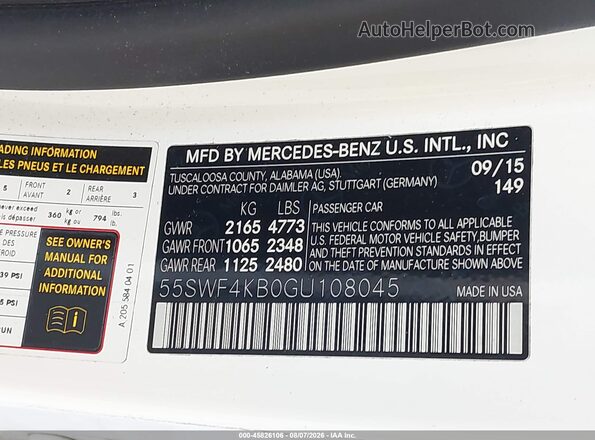 55SWF4KB0GU108045 2016 MERCEDES-BENZ C-CLASS White Widok komory silnika