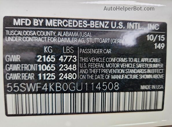 55SWF4KB0GU114508 2016 MERCEDES-BENZ C White Vista de la etiqueta del VIN