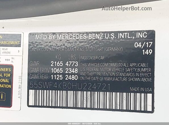 55SWF4KB0HU224721 2017 MERCEDES-BENZ C-CLASS White Շարժիչի բաժամունքի տեսք