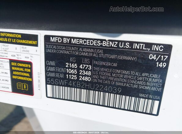 55SWF4KB2HU224039 2017 MERCEDES-BENZ C-CLASS White Engine compartment view