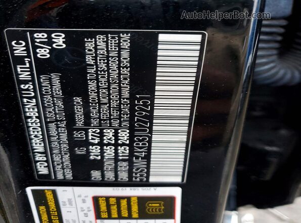55SWF4KB3JU279251 2018 MERCEDES-BENZ C Black VIN კოდის სტიკერის ხედი