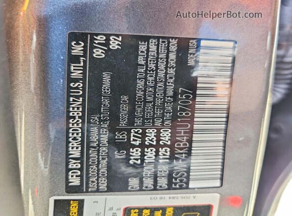 55SWF4KB4HU187057 2017 MERCEDES-BENZ C Угольный Вид наклейки с VIN-кодом
