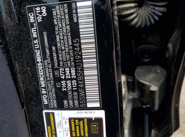 55SWF4KB5HU192445 2017 MERCEDES-BENZ C Черный Вид наклейки с VIN-кодом