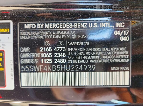 55SWF4KB5HU224939 2017 MERCEDES-BENZ C Black Vista de la etiqueta del VIN