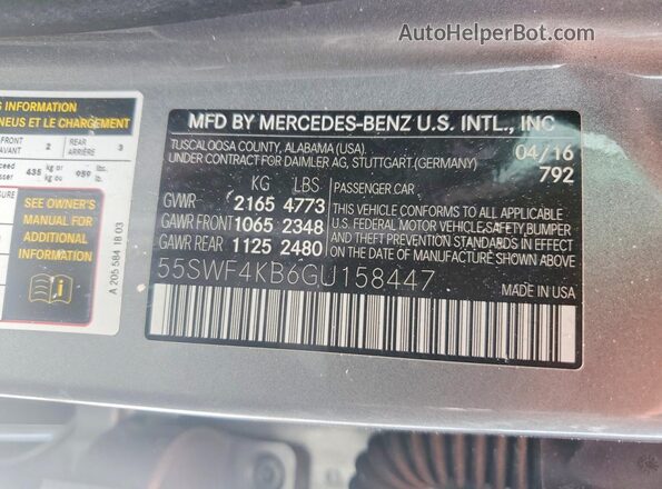 55SWF4KB6GU158447 2016 MERCEDES-BENZ C Gray VIN sticker view