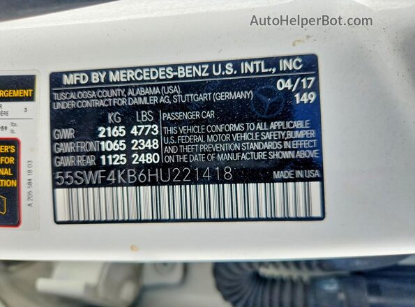 55SWF4KB6HU221418 2017 MERCEDES-BENZ C White VIN კოდის სტიკერის ხედი