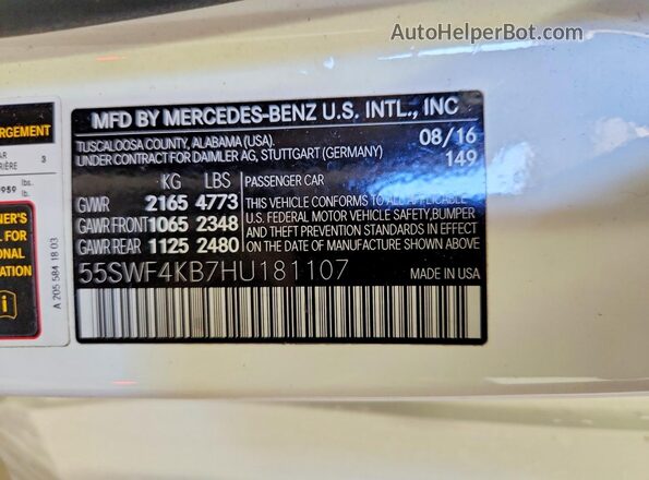 55SWF4KB7HU181107 2017 MERCEDES-BENZ C White Вид підкапотного простору