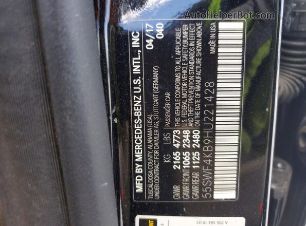 55SWF4KB9HU221428 2017 MERCEDES-BENZ C-CLASS Black Widok naklejki z numerem VIN