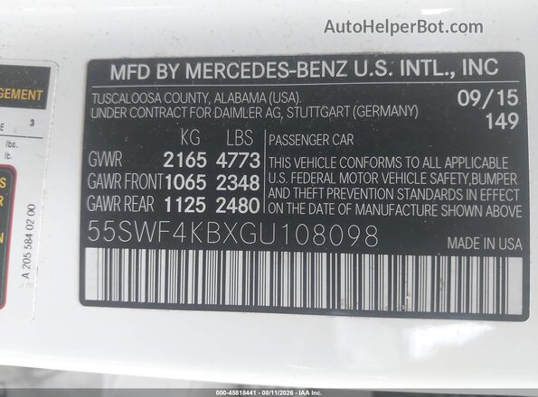 55SWF4KBXGU108098 2016 MERCEDES-BENZ C-CLASS Белый Вид подкапотного пространства