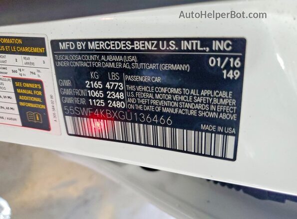55SWF4KBXGU136466 2016 MERCEDES-BENZ C White VIN կոդի պիտակի տեսք