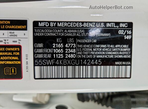 55SWF4KBXGU142445 2016 MERCEDES-BENZ C White ძრავის განყოფილების ხედი