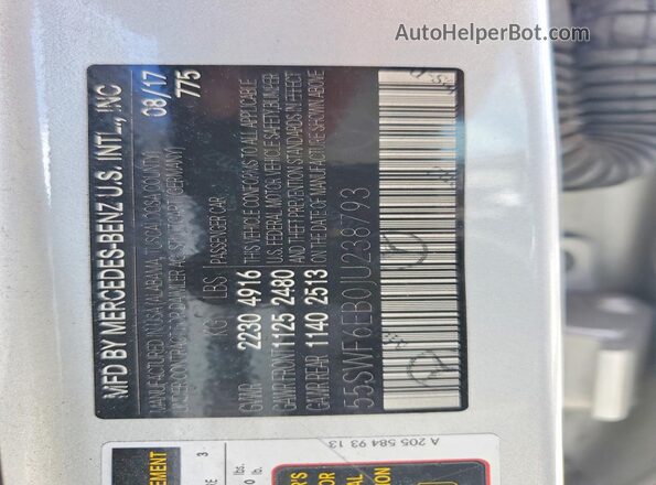 55SWF6EB0JU238793 2018 MERCEDES-BENZ C Gray Widok naklejki z numerem VIN