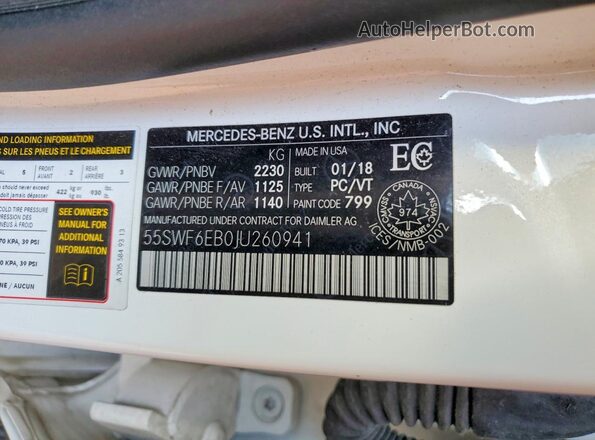 55SWF6EB0JU260941 2018 MERCEDES-BENZ C White VIN კოდის სტიკერის ხედი