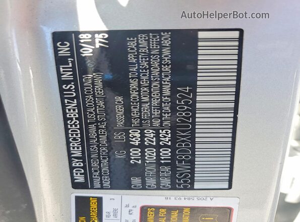 55SWF8DBXKU289524 2019 MERCEDES-BENZ C Silver Widok komory silnika