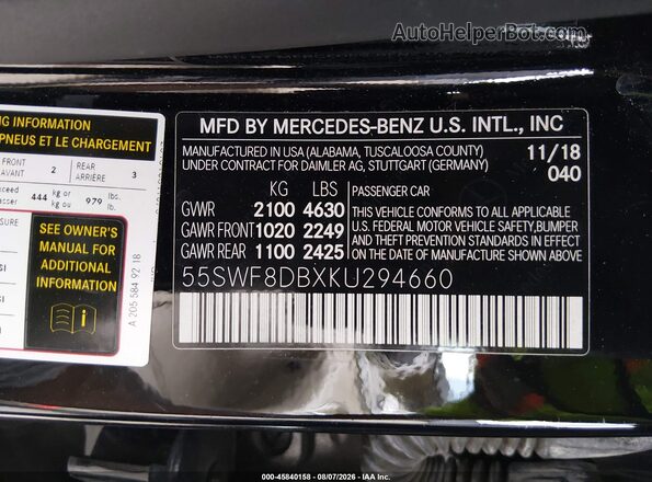 55SWF8DBXKU294660 2019 MERCEDES-BENZ C-CLASS Black Vista del compartimento del motor