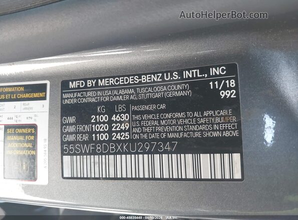 55SWF8DBXKU297347 2019 MERCEDES-BENZ C-CLASS Gray Вид підкапотного простору