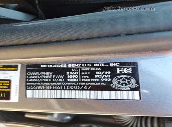 55SWF8EB6LU330747 2020 MERCEDES-BENZ C Gray VIN კოდის სტიკერის ხედი