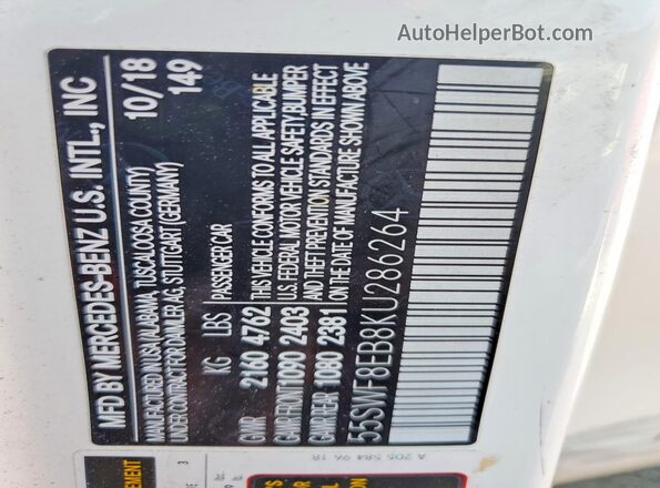 55SWF8EB8KU286264 2019 MERCEDES-BENZ C White Vista del compartimento del motor