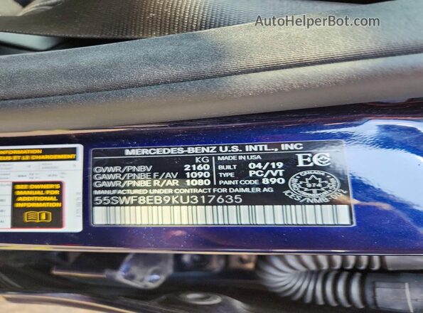 55SWF8EB9KU317635 2019 MERCEDES-BENZ C Blue Вид підкапотного простору