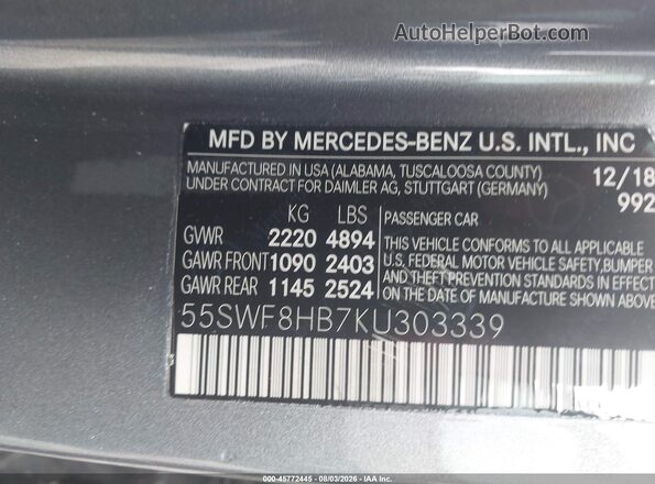 55SWF8HB7KU303339 2019 MERCEDES-BENZ AMG C 63 Gray ძრავის განყოფილების ხედი