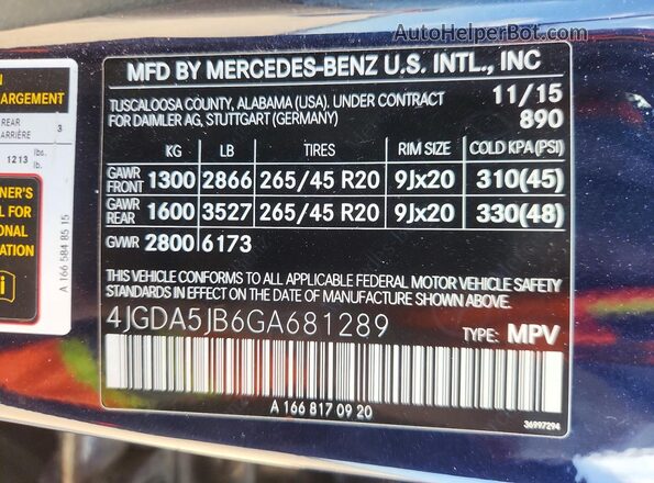 4JGDA5JB6GA681289 2016 MERCEDES-BENZ GLE Blue Widok wnętrza 360 stopni
