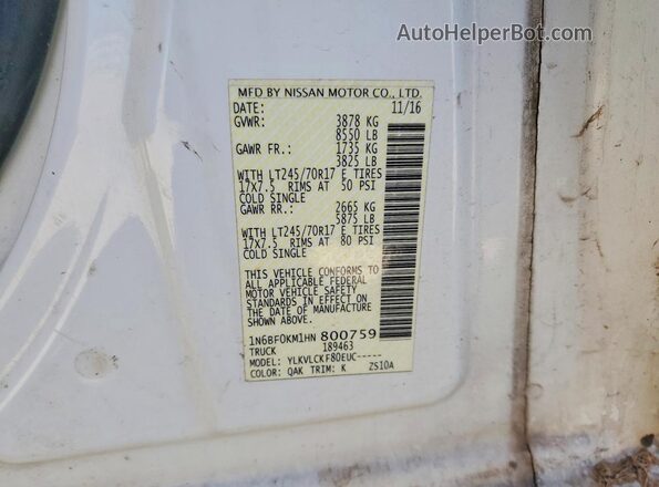 1N6BF0KM1HN800759 2017 NISSAN NV Белый Вид наклейки с VIN-кодом
