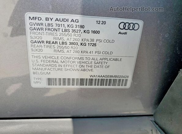 WA1AAAGE8MB020428 2021 AUDI E-TRON Gray VIN sticker view