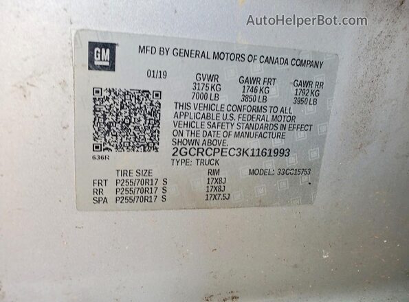 2GCRCPEC3K1161993 2019 CHEVROLET SILVERADO Silver VIN կոդի պիտակի տեսք