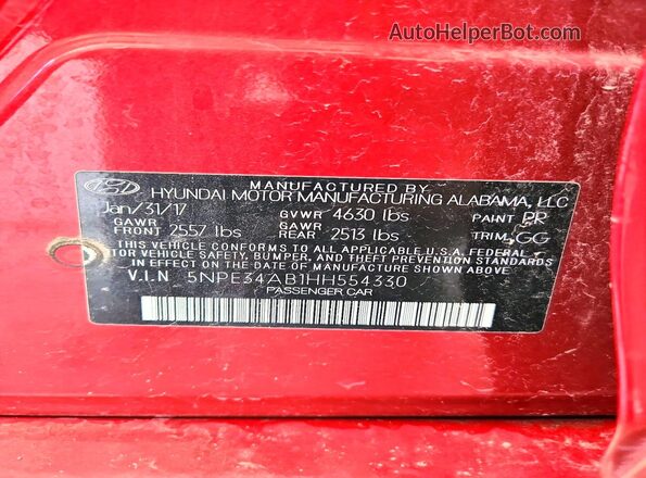 5NPE34AB1HH554330 2017 HYUNDAI SONATA Red VIN կոդի պիտակի տեսք