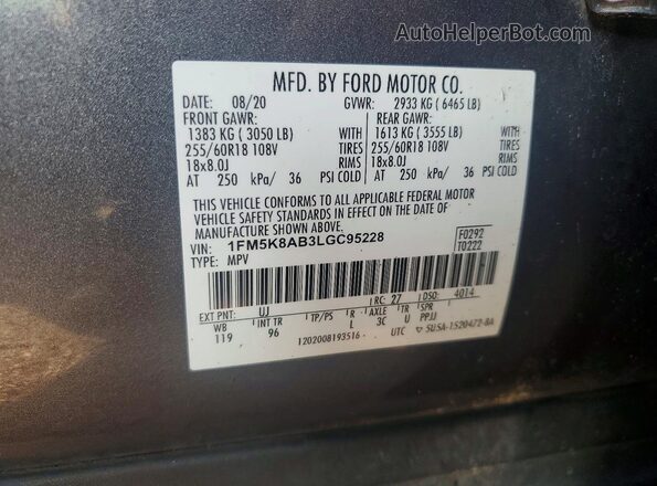 1FM5K8AB3LGC95228 2020 FORD EXPLORER Gray Widok wnętrza 360 stopni