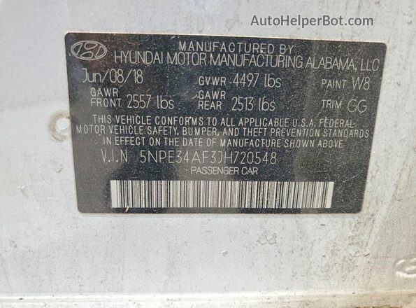 5NPE34AF3JH720548 2018 HYUNDAI SONATA White Вид наклейки з VIN-кодом