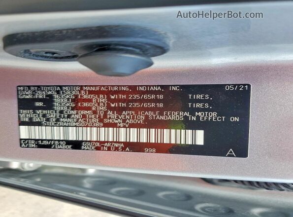5TDCZRAH8MS070389 2021 TOYOTA HIGHLANDER Silver Սալոնի 360 աստիճան տեսք