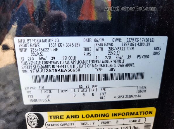 1FMJU2AT5KEA56630 2019 FORD EXPEDITION Black Widok wnętrza 360 stopni