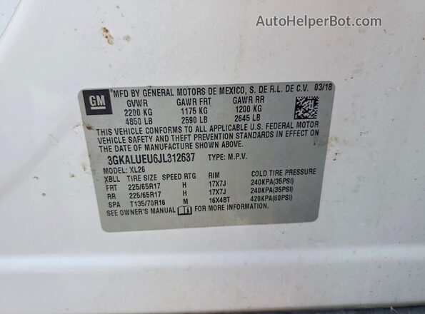 3GKALUEU6JL312637 2018 GMC TERRAIN White სალონის 360-გრადუსიანი ხედი