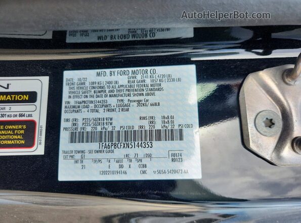1FA6P8CFXN5144353 2022 FORD MUSTANG Black Widok wnętrza 360 stopni