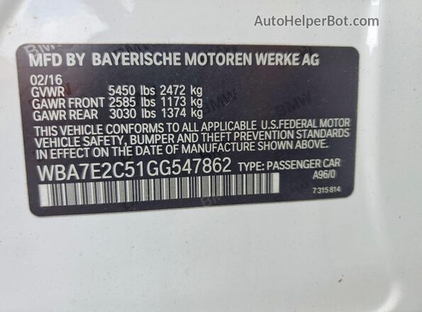 WBA7E2C51GG547862 2016 BMW 7 SERIES White VIN կոդի պիտակի տեսք