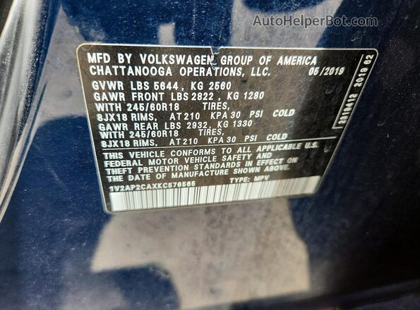 1V2AP2CAXKC576565 2019 VOLKSWAGEN ATLAS Blue Vista interior de 360 grados