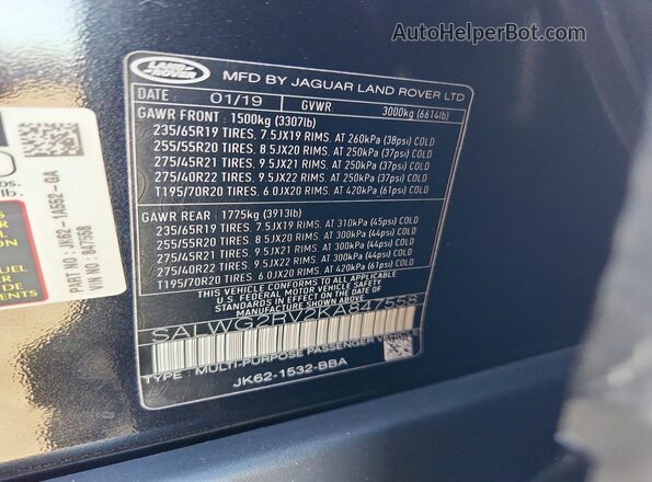 SALWG2RV2KA847558 2019 LAND ROVER RANGE ROVER Black Панорамний вид салону 360°