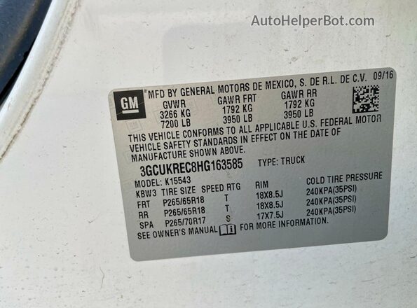 3GCUKREC8HG163585 2017 CHEVROLET SILVERADO White Вид задніх сидінь