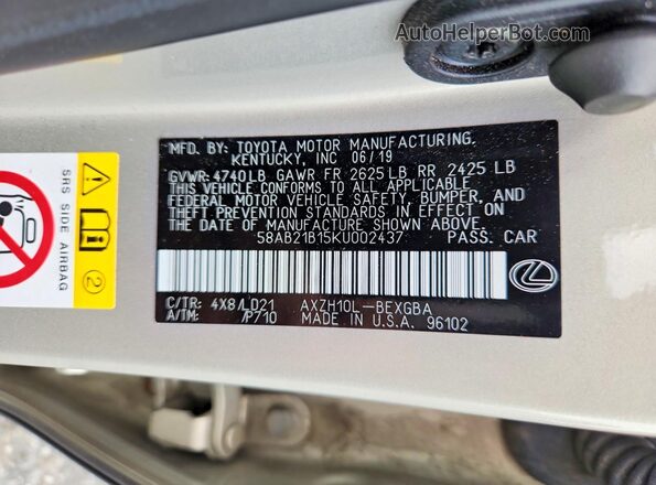 58AB21B15KU002437 2019 LEXUS ES Beige Widok komory silnika
