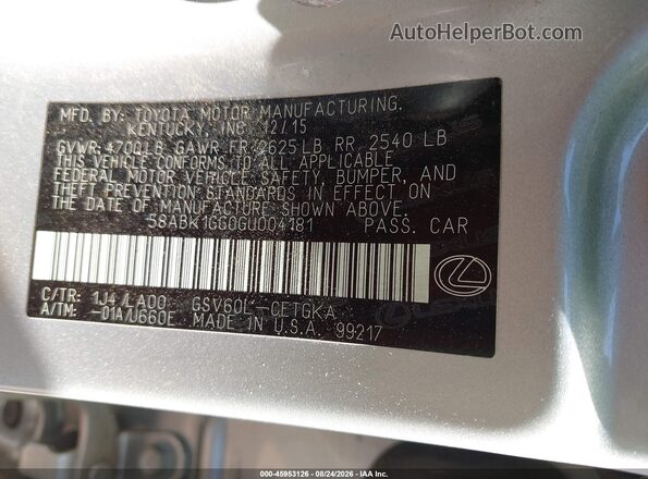 58ABK1GG0GU004181 2016 LEXUS ES 350 Silver Вид підкапотного простору