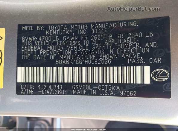 58ABK1GG1HU062026 2017 LEXUS ES 350 Gray Vista del compartimento del motor