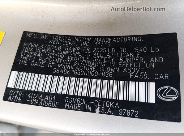 58ABK1GG2GU002836 2016 LEXUS ES 350 Gold Շարժիչի բաժամունքի տեսք