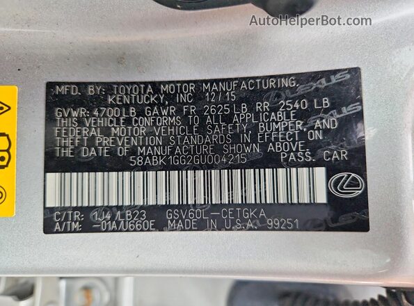 58ABK1GG2GU004215 2016 LEXUS ES Silver 