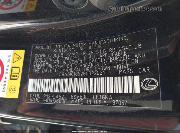 58ABK1GG2GU022021 2016 LEXUS ES 350 Black Vista del compartimento del motor