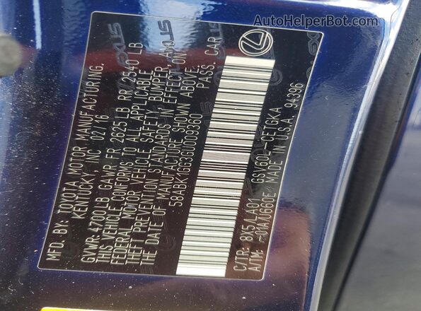 58ABK1GG3GU009360 2016 LEXUS ES Синий Вид подкапотного пространства