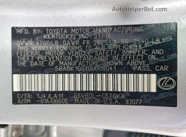58ABK1GG4GU008041 2016 LEXUS ES Silver VIN კოდის სტიკერის ხედი