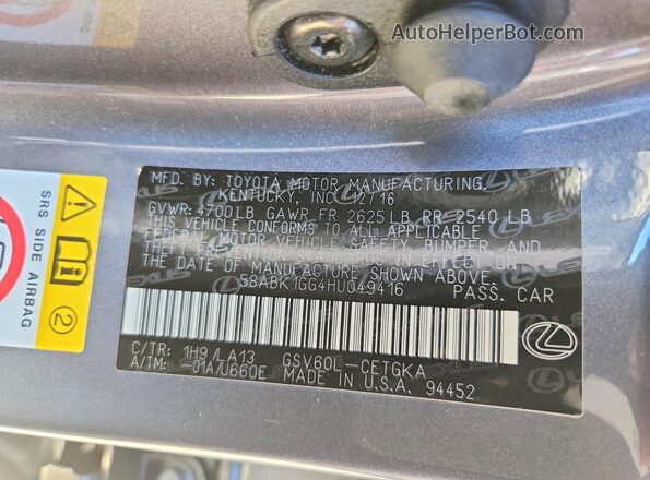 58ABK1GG4HU049416 2017 LEXUS ES Charcoal VIN կոդի պիտակի տեսք