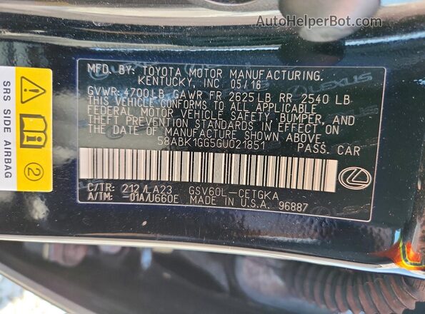 58ABK1GG5GU021851 2016 LEXUS ES Black Շարժիչի բաժամունքի տեսք